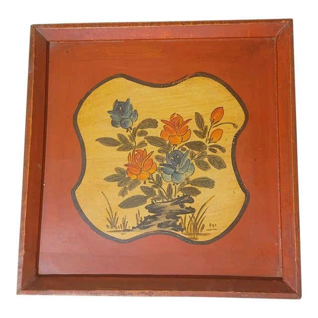 Vintage Hand-Painted Chinese Wooden Tray For Sale