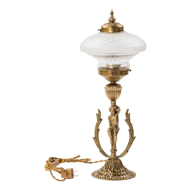 1950s Brass Figural Cherub Table Lamp With Frosted Glass Shade For Sale