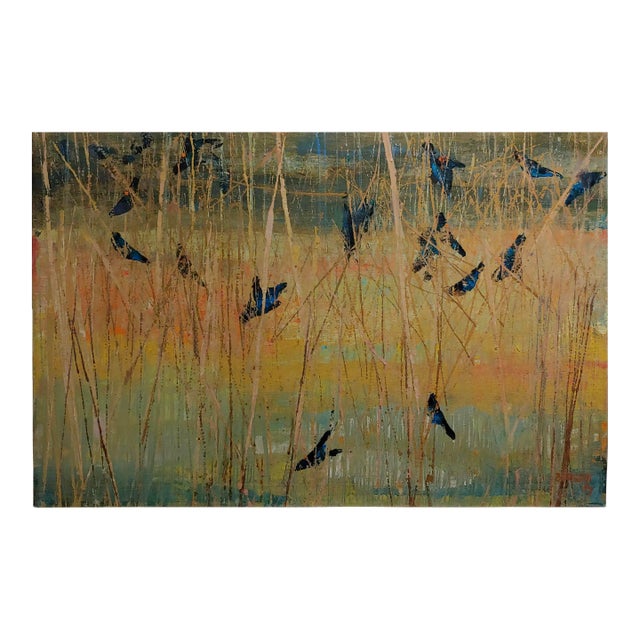 Dorr Bothwell -Blackbirds Feeding in a Wildlife Wetland Refuge-1957 Oil Painting For Sale