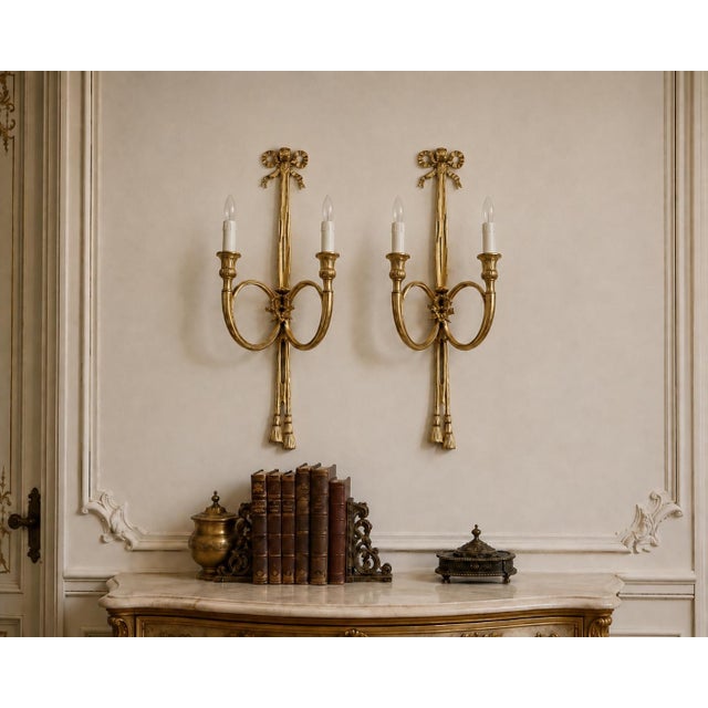 Late20C French Maker Louis XVI Gilt Bronze Sconces Wall Lamps-Pair For Sale - Image 13 of 18