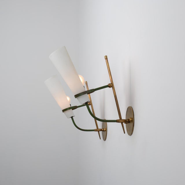 Italian Wall Sconces in Brass, Green Metal and Opaline Glass, 1950s, Set of 2 For Sale - Image 9 of 10