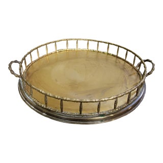 Vintage Hollywood Regency Round Faux Bamboo Brass Tray For Sale