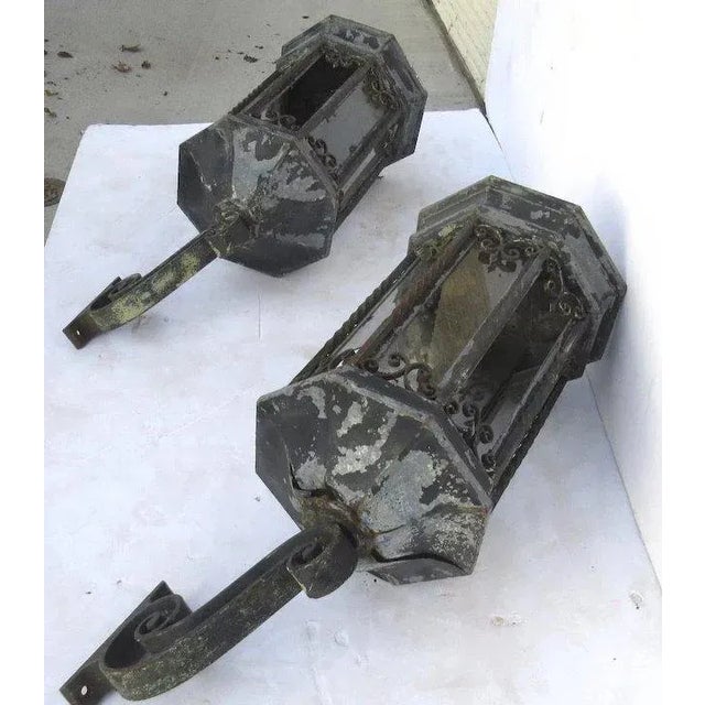 Antique Monumental Galvanized Metal and Iron Exterior Building Lanterns with Brackets - A Pair For Sale - Image 9 of 10