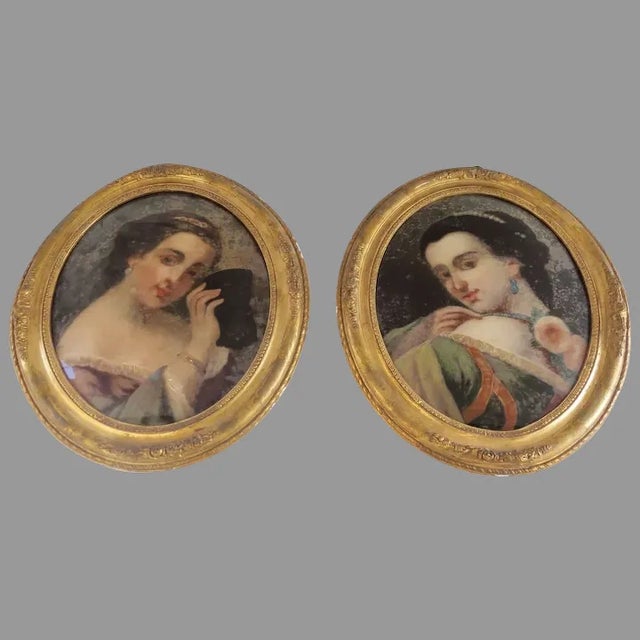 Gold Mid 19th Century Reverse Painted Portraits of Young Girls, Framed - a Pair For Sale - Image 8 of 8