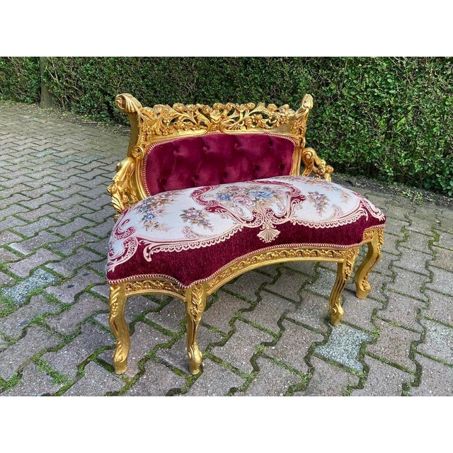 French Late 20th French Louis XVI Gold Beech Red Velvet Settee For Sale - Image 3 of 14