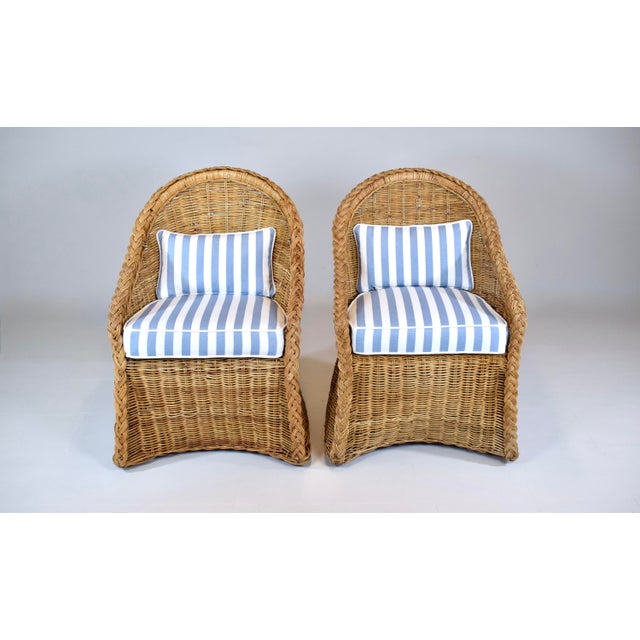 Mid-Century Modern Coastal Braided Wicker Rattan Chairs After Michael Taylor Blue & White Stripes Upholstery For Sale - Image 3 of 13