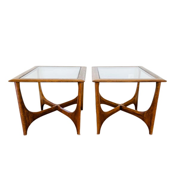 Vintage Lane Silhouette Mid-Century Modern Walnut Side Tables, Pair – Sculptural X-Stretcher Base With Inset Glass Tops For Sale - Image 6 of 12