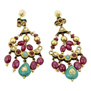 15334 - Rubies Turquoise & Enamel 22k Yellow Gold Chandelier Earrings, 2 Pieces For Sale
