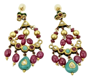 Rubies Turquoise & Enamel 22k Yellow Gold Chandelier Earrings, 2 Pieces