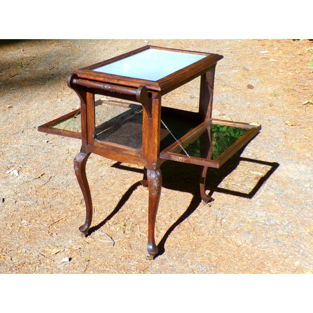 Antique Solid Oak Vitrine Cabinet Serving Bar Tea Cart Trolley For Sale In Boston - Image 6 of 18