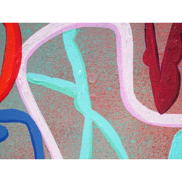 Sky blue, pink, yellow, maroon and red abstract geometric contemporary painting by Houston, TX artist Peter Healy. The...