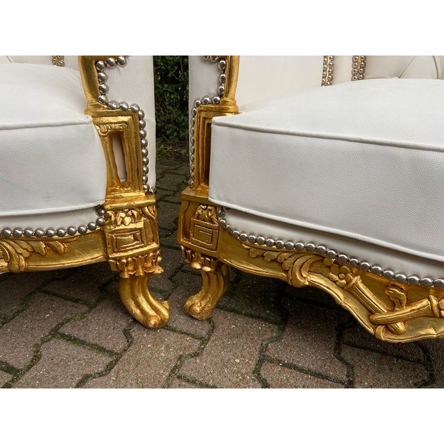 Pair 1950s French Louis XVI Gold Baroque Rococo Leather Bergere Chairs For Sale - Image 6 of 9