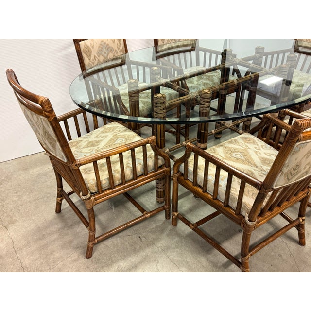 McGuire Furniture Oval Glass Top Dining Table + Six Far East Collection Dining Armchairs, Vintage Set For Sale In San Francisco - Image 6 of 13