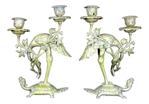 Japanese Gilt Bronze Crane on Dragon Turtle Candlesticks, 19th Century - a Pair