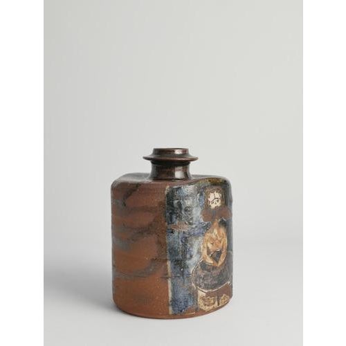 Square Ceramic Bottle Vase with Naive-Style Motifs in Brown Glaze For Sale - Image 4 of 17