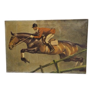 The Hunter Jumper, Early 1900s Signed European Equestrian Oil on Canvas Painting For Sale