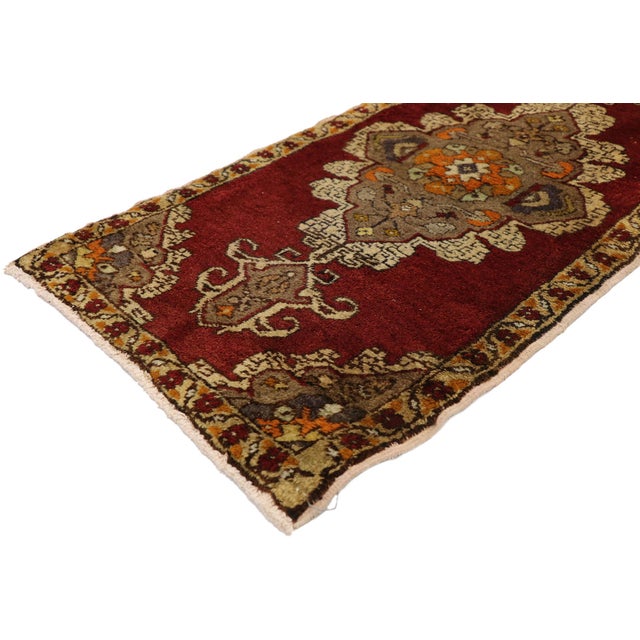 51486 Vintage Turkish Yastik Rug, 01'09 x 03'06. This exquisite hand-knotted wool vintage Turkish Yastik rug is a stunning...