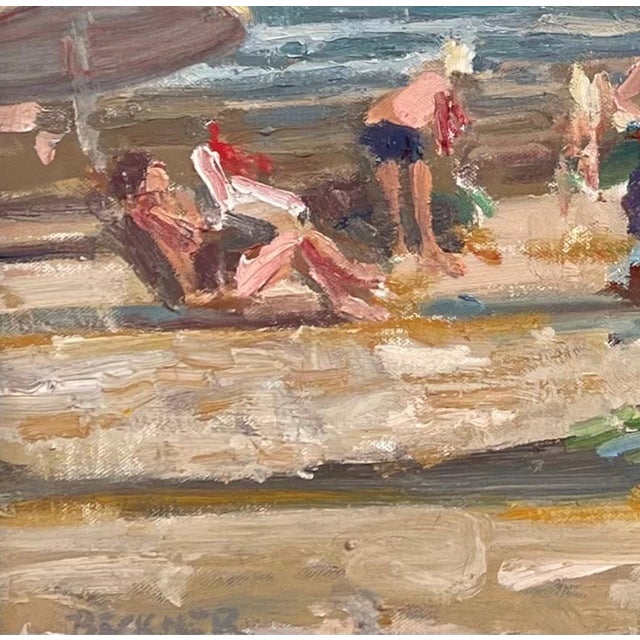 Beaches 7 by Jim Beckner | Oil on canvas Beach scene with umbrellas and people. For Sale - Image 4 of 4