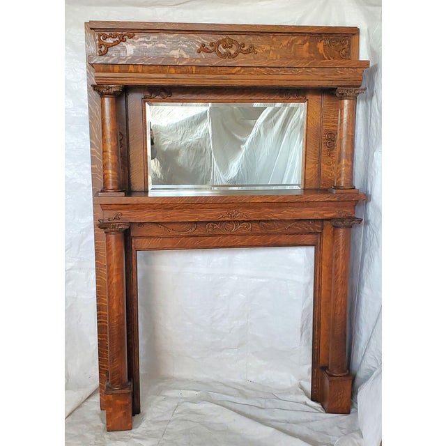 Antique 1890s Victorian American Tiger Oak Fireplace Mantel With Columns u0026  Mirror | Chairish