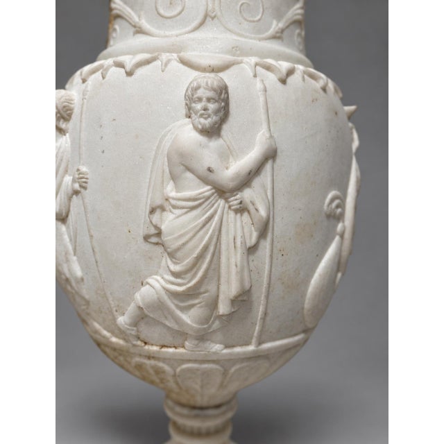 19th Century Grand Tour Neoclassical White Marble Urn With Classical Figural Reliefs For Sale - Image 5 of 14