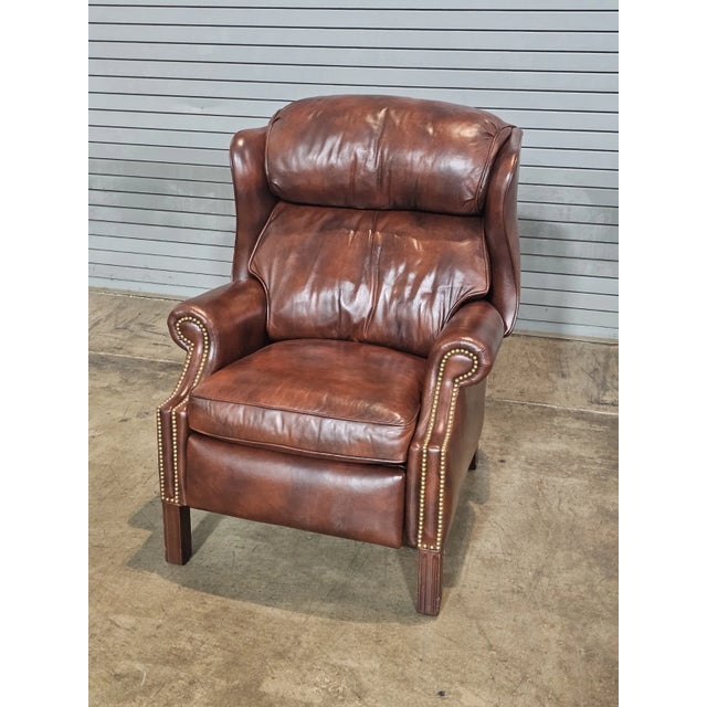 Hancock & Moore Late 20th Century Share Hancock & Moore Brown Leather Mahogany Chippendale Style Wing Chair Recliner For Sale - Image 4 of 13