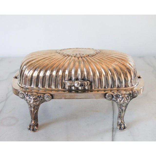 Mid 20th Century Vintage Silver Plated Scalloped Butter Dish With Lions Head Feet For Sale - Image 5 of 12