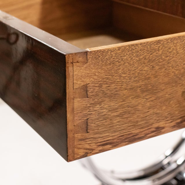Late Art Deco/Early Modernism French Figured Mahogany and Chrome Writing Desk, C .1940 For Sale - Image 16 of 18