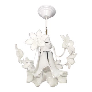 Vintage Murano Glass Chandelier, 1980s White Floral Lamp, Small Italian Ceiling Light For Sale