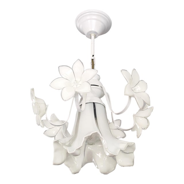 Vintage Murano Glass Chandelier, 1980s White Floral Lamp, Small Italian Ceiling Light For Sale