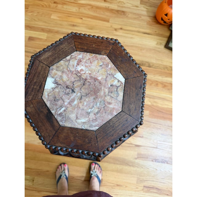 Chinese Antique Chinese Carved Hardwood Plant Stand Table With Marble Inset For Sale - Image 3 of 3