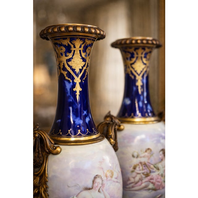 Blue 1850s Sevres Louis XVI Blue Bronze Porcelain Vases - Pair For Sale - Image 8 of 18