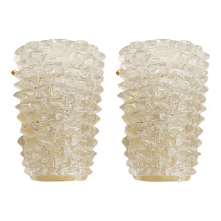 A Pair Barovier Style Art Deco Rostrato Clear Italian Murano Glass Wall Sconces For Sale