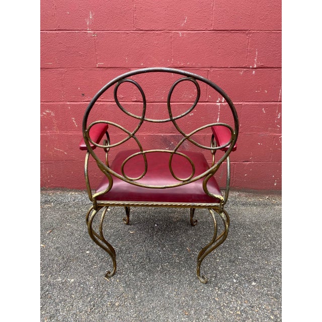 Oxblood Red Ornate Wrought Iron Armchair in Oxblood Red Vinyl For Sale - Image 8 of 12