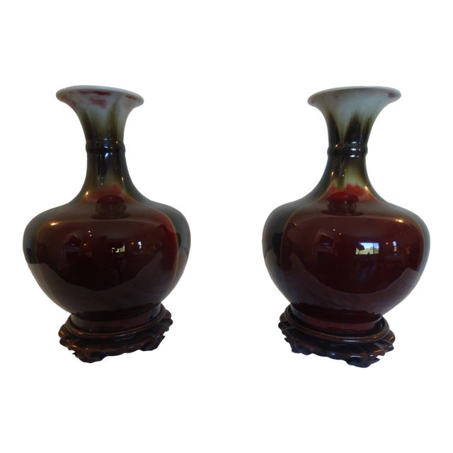Vintage Flambe Sang De Douf Vases With Rosewood Stands For Sale