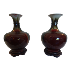 Vintage Flambe Sang De Douf Vases With Rosewood Stands