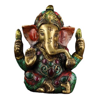 Brass Inlaid Ganesha Statue With Coral and Turquoise For Sale