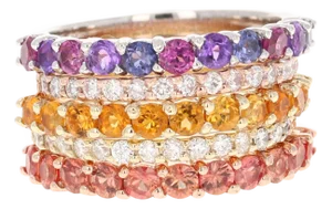 3.33 Carat Multi Color Gemstone Diamond 14 Karat Gold Stackable Bands, Size 7