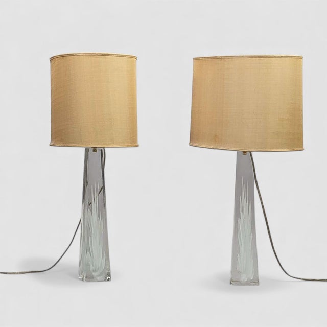 Fulvio Bianconi Venini glass lamps — rare circa-1950 “Con fiamma” obelisk pair in clear glass with white inclusions,...