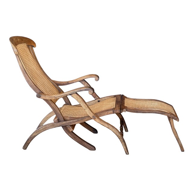 French Cruise Liner Deck of Lounge Chair of Teak and Cane For Sale - Image 4 of 14
