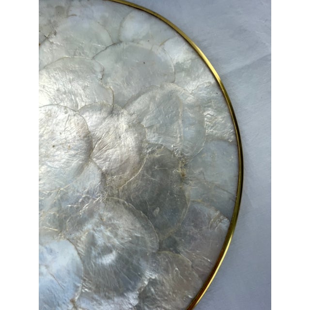 Wood Mid 20th Century Natural Capiz Shell and Cork Round Placemat Chargers With Brass Rims - Set of 6 For Sale - Image 7 of 12