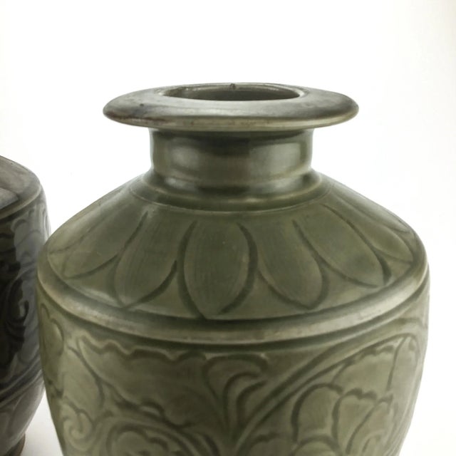 Olive Antique Chinese Pair Green Vases For Sale - Image 8 of 11