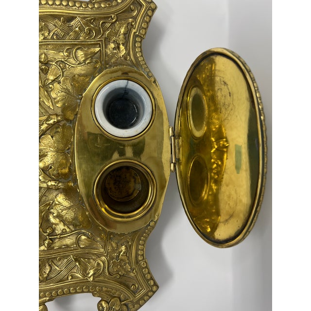 Victorian Antique Monumental Art Nouveau Brass Desk Inkwell With Botanical Relief, Circa 1900 For Sale - Image 3 of 9