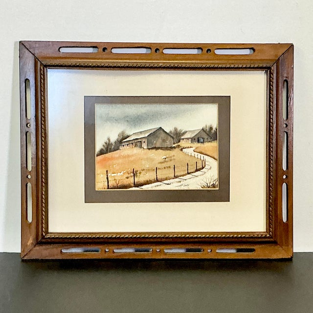 1970s Vintage Impressionist Arts & Crafts Farmhouse Original Watercolor Painting, Two Barns Landscape For Sale - Image 12 of 12