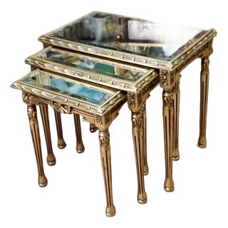 Vintage French Louis XVI Gilt Nesting Tables with Mirrored Tops set of 3 For Sale