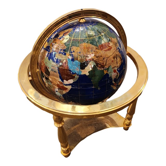 Late 20th Century Rotating Faux Hardstone Globe With Brass Frame For Sale
