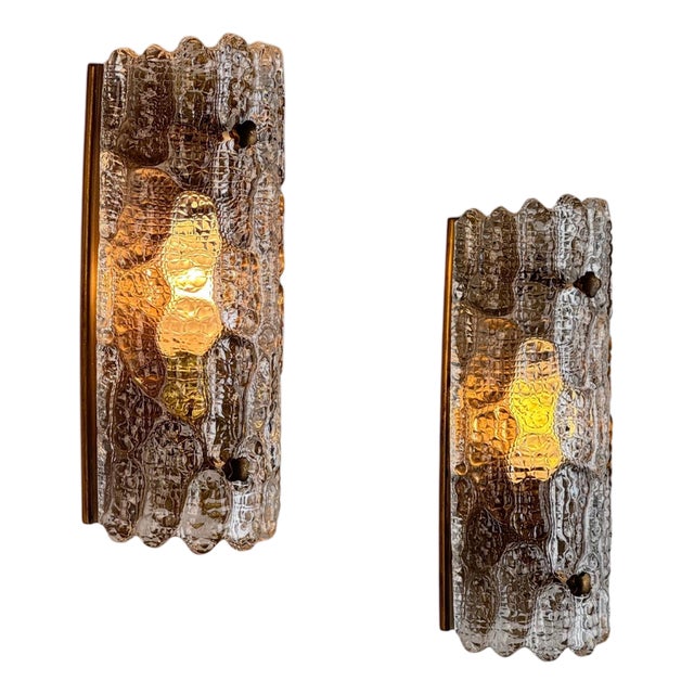 Glass and Brass Wall Lights attributed to Carl Fagerlund for Orrefors, 1970s, Set of 2 For Sale