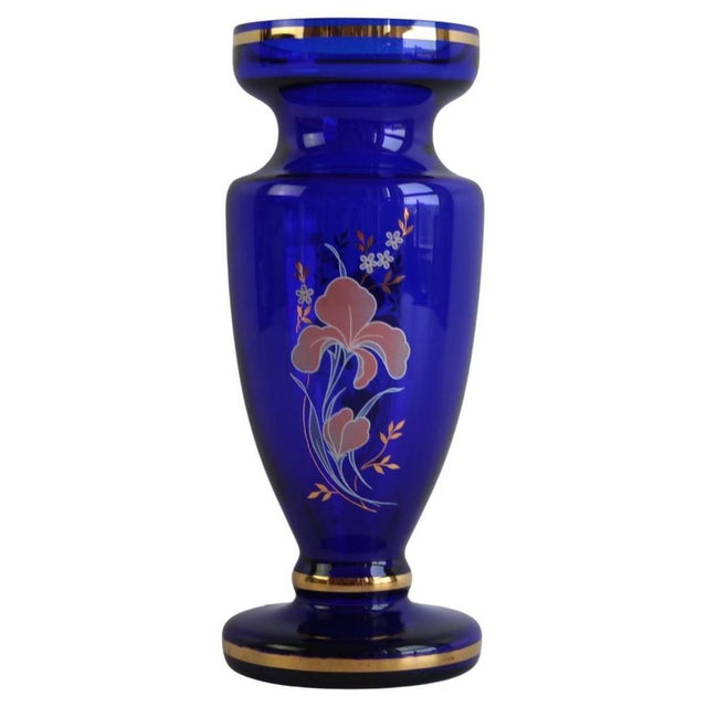 Bohemian Crystal Cobalt Blue Vase with Hand-Painted Floral and Gold Details, 1960 For Sale - Image 9 of 9