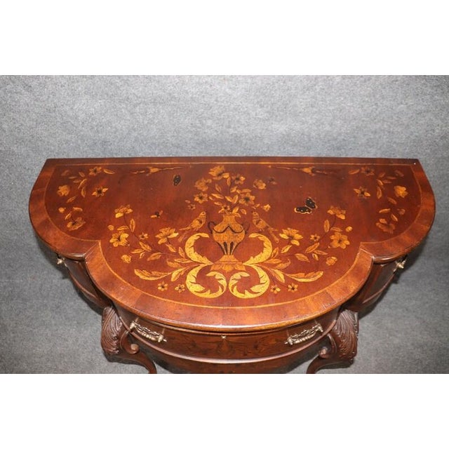 1980s 1980s Pair of John Richard "European Crossroads" Inlaid Console Tables – Edwardian Style Marquetry Demi-Lune Entryway Tables For Sale - Image 5 of 9