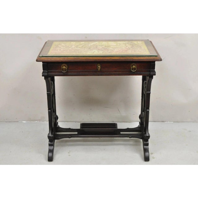 Victorian Antique Eastlake Victorian Carved Walnut Small Sewing Stand Tapestry Side Table For Sale - Image 3 of 12