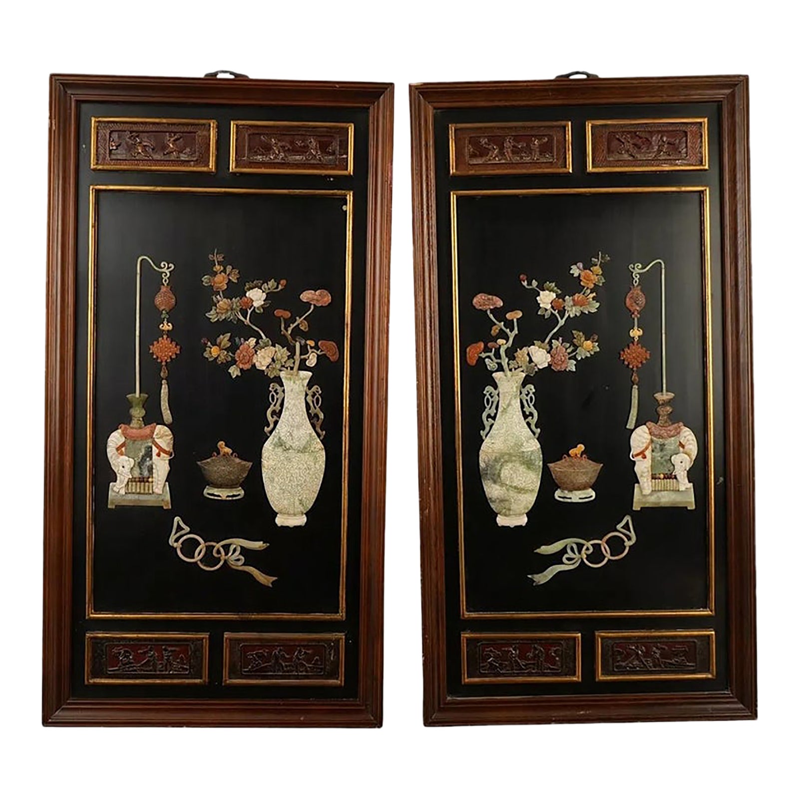 Pair of Vintage Chinese Black Lacquer Wall Panels With Jade Hardstone ...